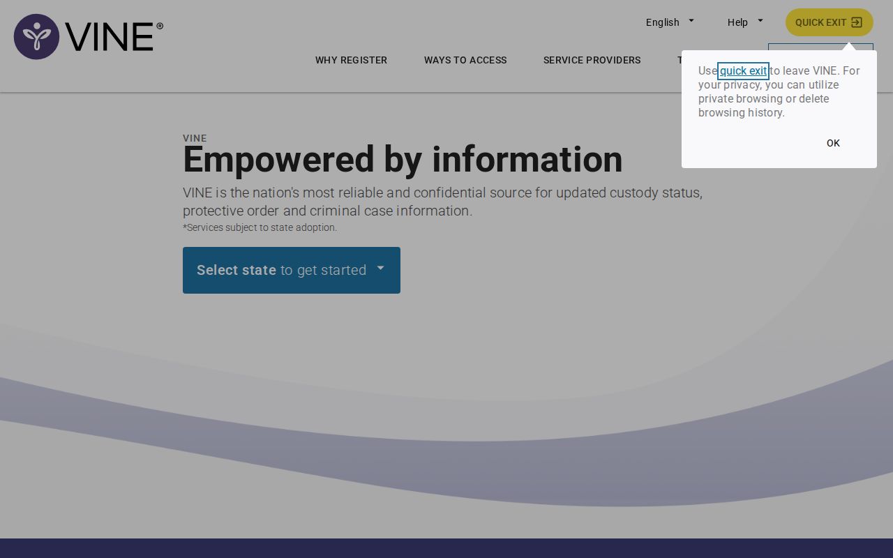 VINELink landing interface used to begin custody alert registration